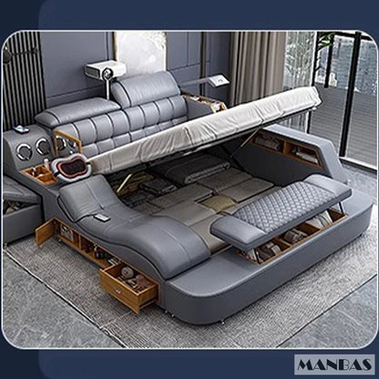 MANBAS Luxury King Size Genuine Leather Bed / Tech Smart Bed / Multifunctional Ultimate Beds / Massage Bed with USB,Projecter