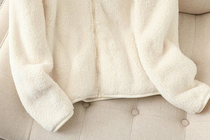 Women's Solid Color Fleece Coat Autumn Winter Warm Zipper Hoodie Loose Stand Collar Jacket Fashion Casual Elegant Ladies Clothes