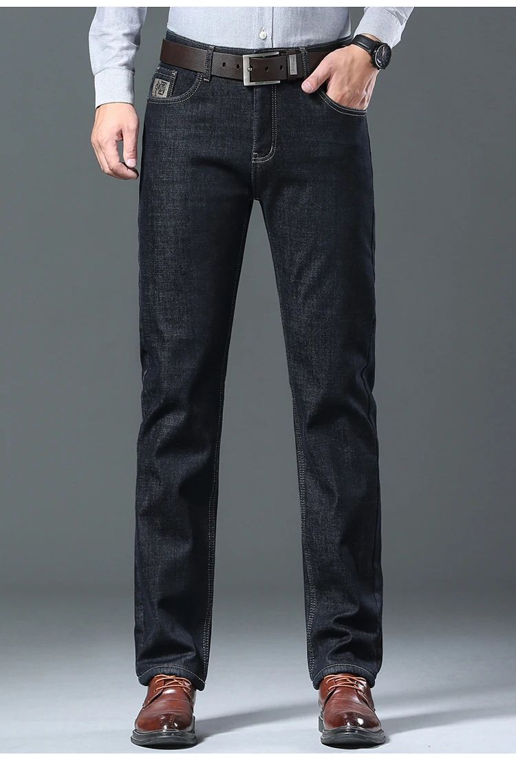 Calça Jeans Masculina de Lã Aveludada, Inverno, Forrada com Lã Grossa, Casual de Negócios, Reta, Jeans, Macia, Confortável, Térmica, Elástica, Calças Masculinas