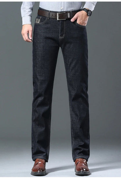 Calça Jeans Masculina de Lã Aveludada, Inverno, Forrada com Lã Grossa, Casual de Negócios, Reta, Jeans, Macia, Confortável, Térmica, Elástica, Calças Masculinas