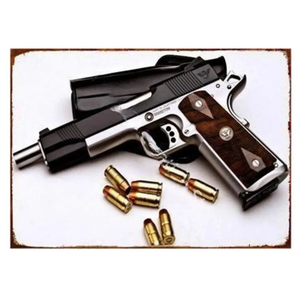 GUNHERO Pistol Metal Wall Signs - Bold Military Style - Perfect Decor for Man Caves, Homes, Bars & Garden Spaces
