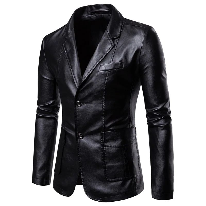 Spring Autumn New Men's Trendy Lapel Leather Dress Suit Coat Slim Fit Windproof Jacket Male Business Casual Pu Blazers Jacket