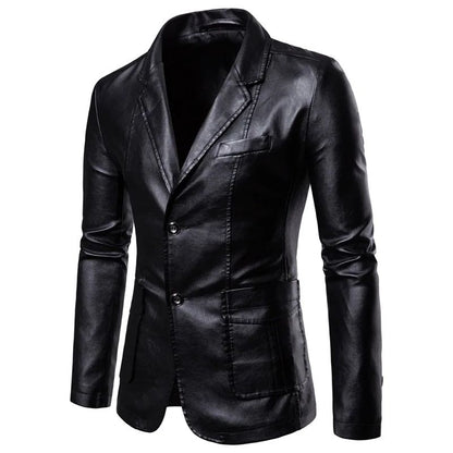 Spring Autumn New Men's Trendy Lapel Leather Dress Suit Coat Slim Fit Windproof Jacket Male Business Casual Pu Blazers Jacket