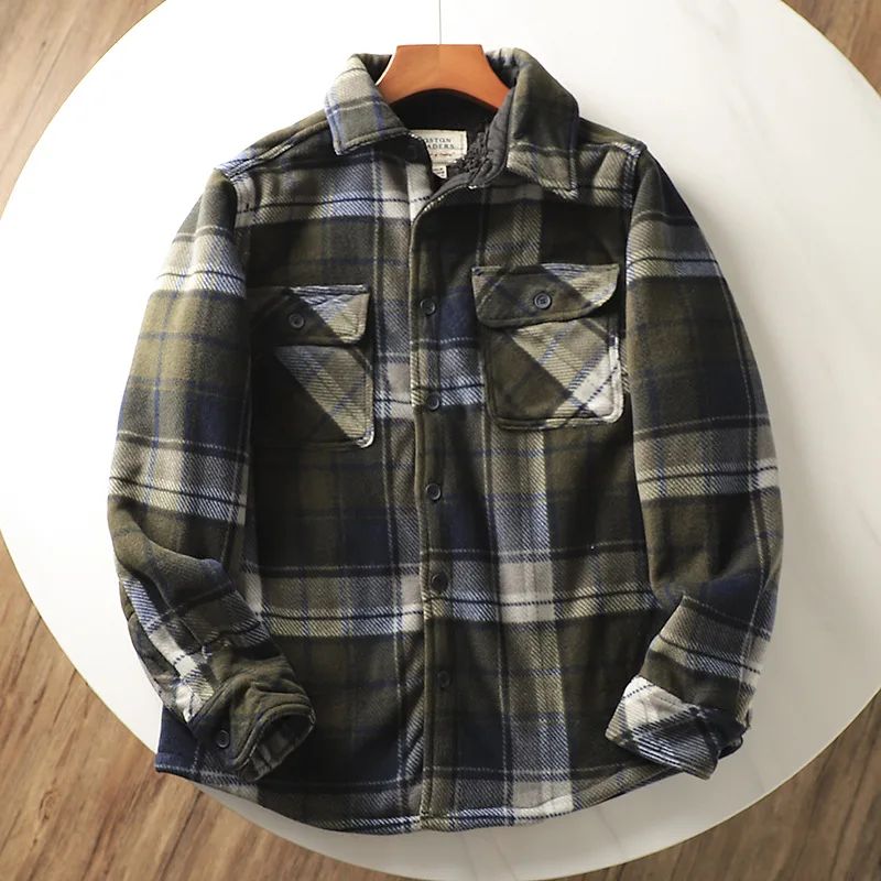 Mens Winter Fleece Linend Warm Plaid Shirt Jacket Casual Long Sleeve Flannel Checked Shirt Men Western Cowboy Button Up Tops