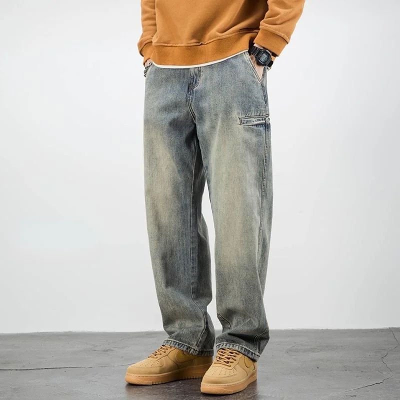 Calça Jeans Masculina Retrô Cargo Reta Cowboy Punk Lavada Grife Luxuosa Tendência 2025 Y2k Vintage Estilo Coreano Larga