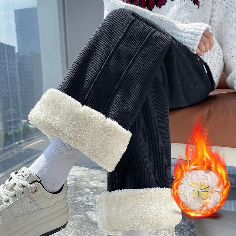 Winter Fleece Thickened High Waist Warm Trousers for Women Solid Color Loose Elastic Waist Straight Casual Pants