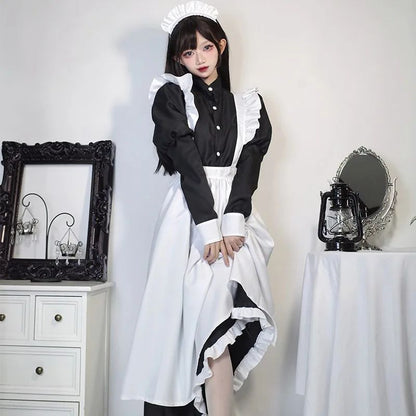 Japanese Style Maid Outfit Black White Long Dress Lolita Unisex Men Women Halloween Costume Uniform Full Set Adults Plus Size