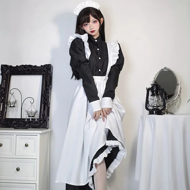 Japanese Style Maid Outfit Black White Long Dress Lolita Unisex Men Women Halloween Costume Uniform Full Set Adults Plus Size