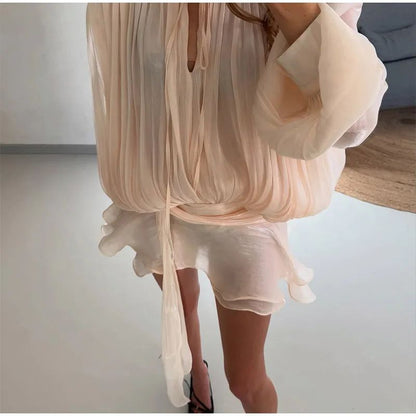 Elegant Ruffles Shiny Mini Dresses Fashion Solid Long Sleeve Lace Up V Neck Plea