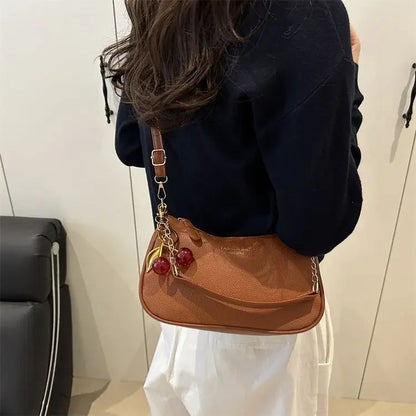 Cherry Pedant Shoulder Underarm Bag Women's Fashion Handbags Causal Hobos Purses Ladies Hand Bags Pu Leather for Work Travel