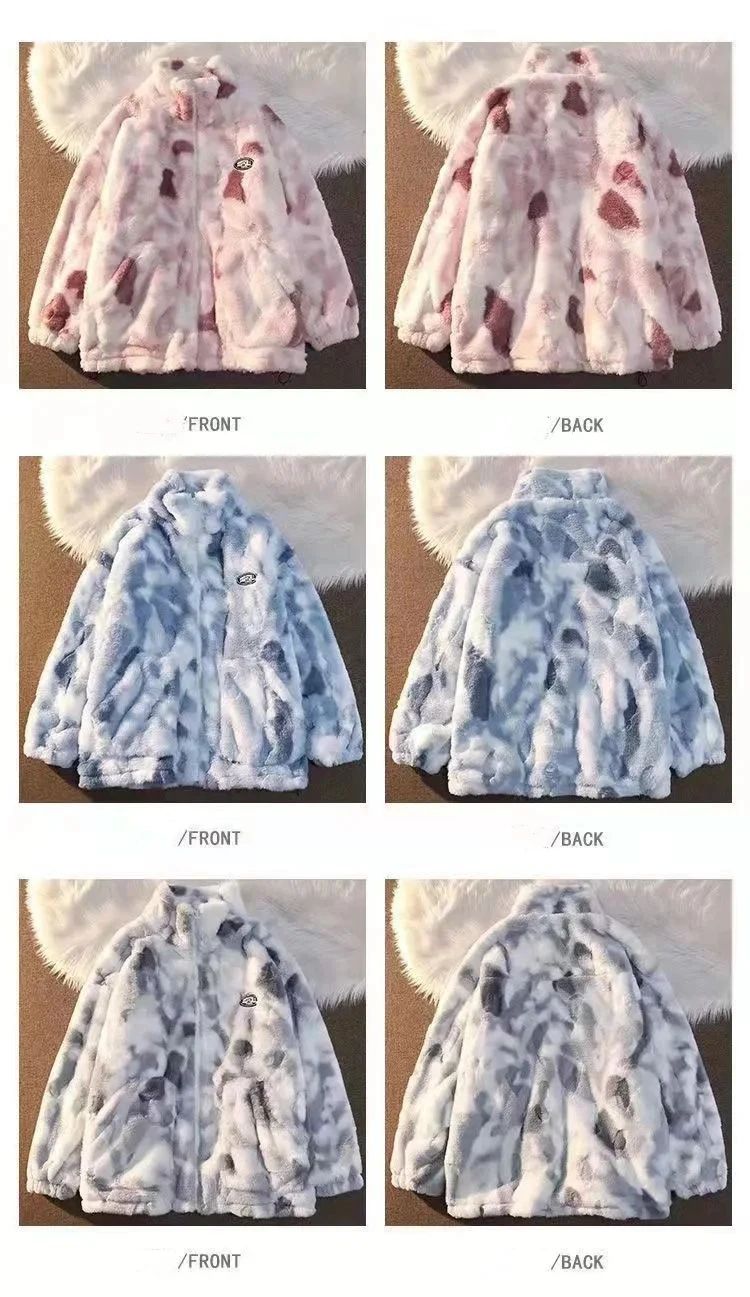 2025 Women's Tie Dye Lamb Fleece Jacket Autumn Winter Zipper Outerwear Warm Plush Harajuku Casual Loose Female Thick Coat