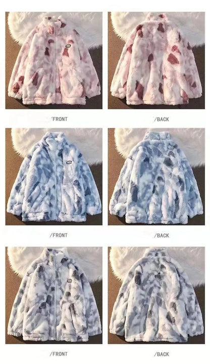 2025 Women's Tie Dye Lamb Fleece Jacket Autumn Winter Zipper Outerwear Warm Plush Harajuku Casual Loose Female Thick Coat