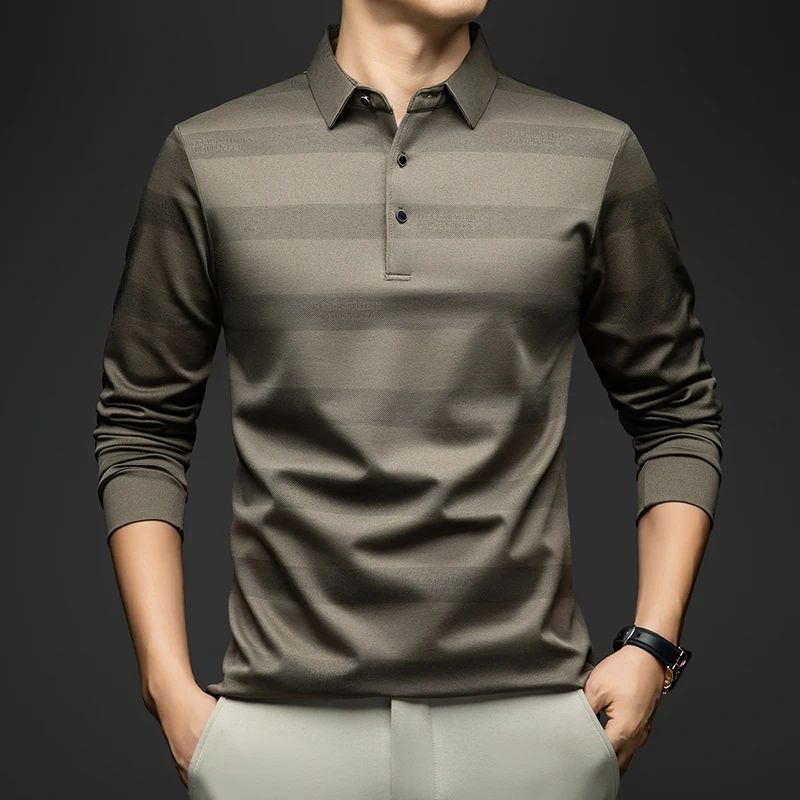 BROWON Elegant Mens Polo Shirts 2025 Spring Autumn Long Sleeve Lapel Collar Big Striped Pattern T-shirt Male New in Tops & Tees