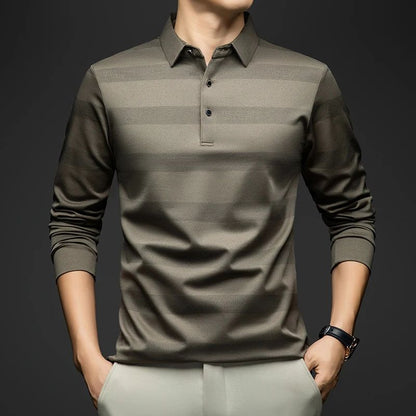 BROWON Elegant Mens Polo Shirts 2025 Spring Autumn Long Sleeve Lapel Collar Big Striped Pattern T-shirt Male New in Tops & Tees