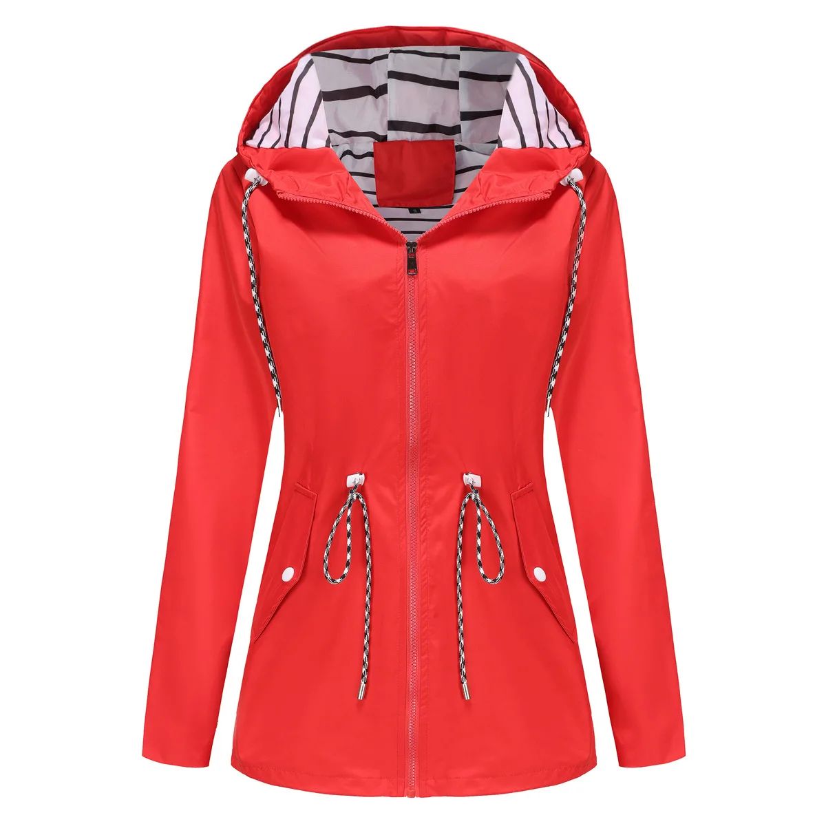 Blue Waterproof Hooded Jacket Women Fashion Casual Coat Waist Drawstring Tie Zipper Switch Red Green Yellow Black Windbreaker