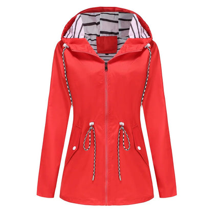 Blue Waterproof Hooded Jacket Women Fashion Casual Coat Waist Drawstring Tie Zipper Switch Red Green Yellow Black Windbreaker