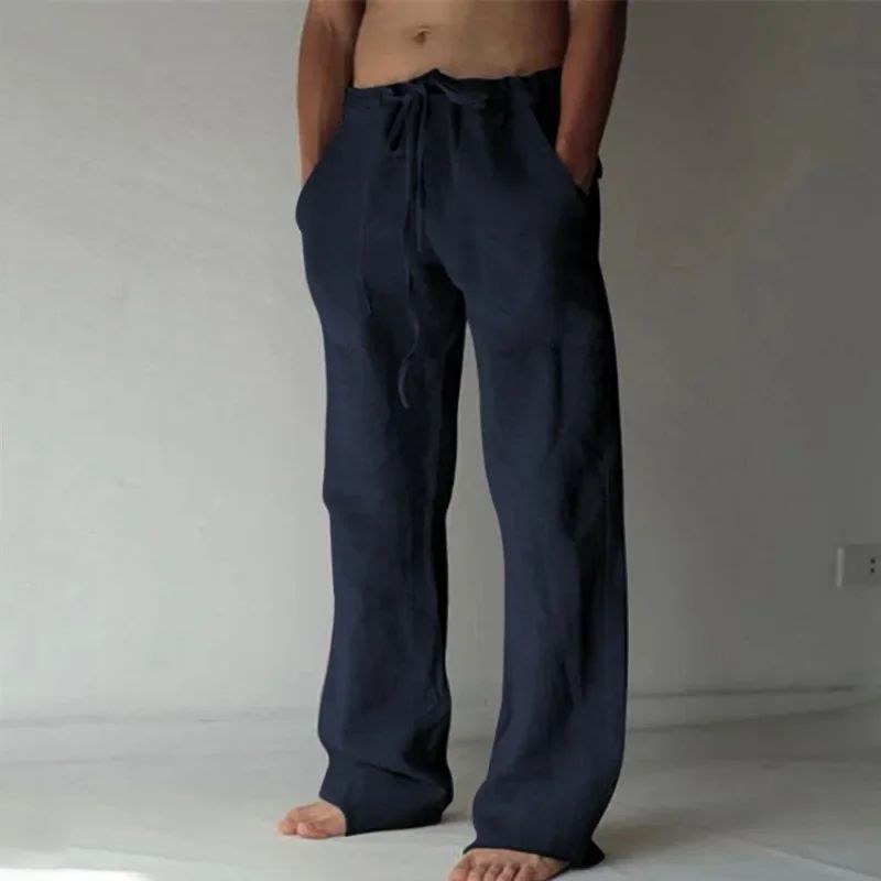 Men's Linen Casual Pants Elastic Waist Beach Pants Lightweight Drawstring Summer Yoga Pants Solid Color Beach Pants