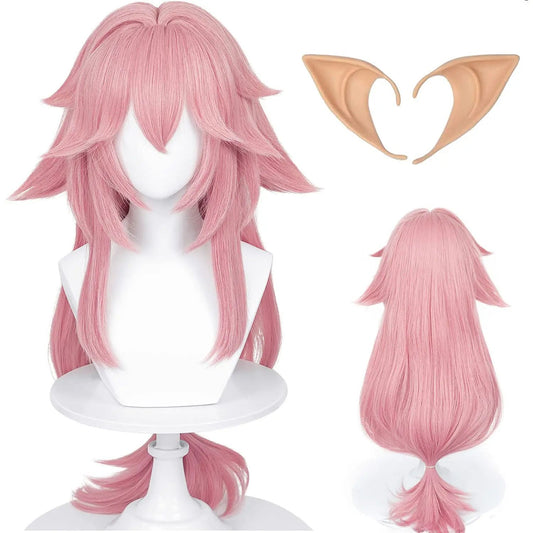 Anime Simulated Scalp Yae Miko Cosplay Wig Long Heat Resistant Synthetic Hair Party Pink Role Play Wigs Pink