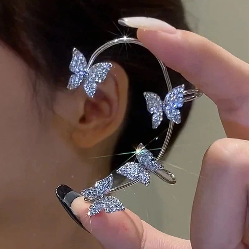Brincos Borboleta de Metal Banhado a Prata Sem Furo para Mulheres Brilhantes Zircônia Fio de Orelha Clipe Brincos Joias de Casamento