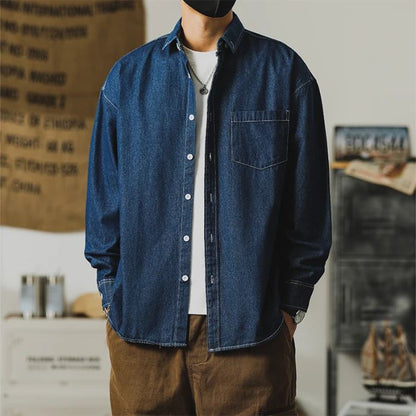 Autumn New Men's Long Sleeve Denim Shirt Classic Black Blue Loose Lapel Collar Coats Fashion Korean High Street Male Clothes Top