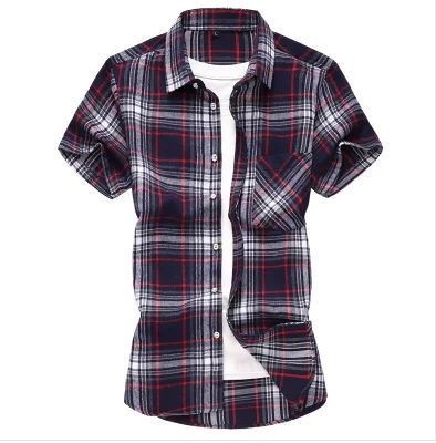 2025 new red summer men's shirts short-sleeved plaid fat big yards youth casual shirt.