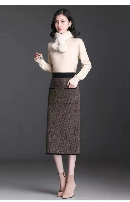 New Style Gold Mink Cashmere Elastic High Waist Office Lady Knee-length Skirts Solid Split Fork Hip Wrap Skirt High Elasticity