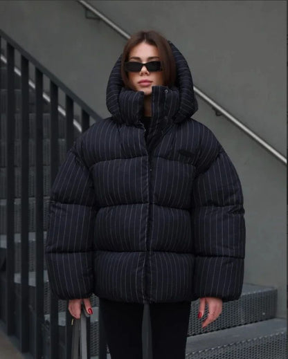 Women's Pinstripe Oversized Puffer Jacket Full Sleeve Detachable Hood Zipper Warm Coat 2025 Autumn Winter Female Casual Wear