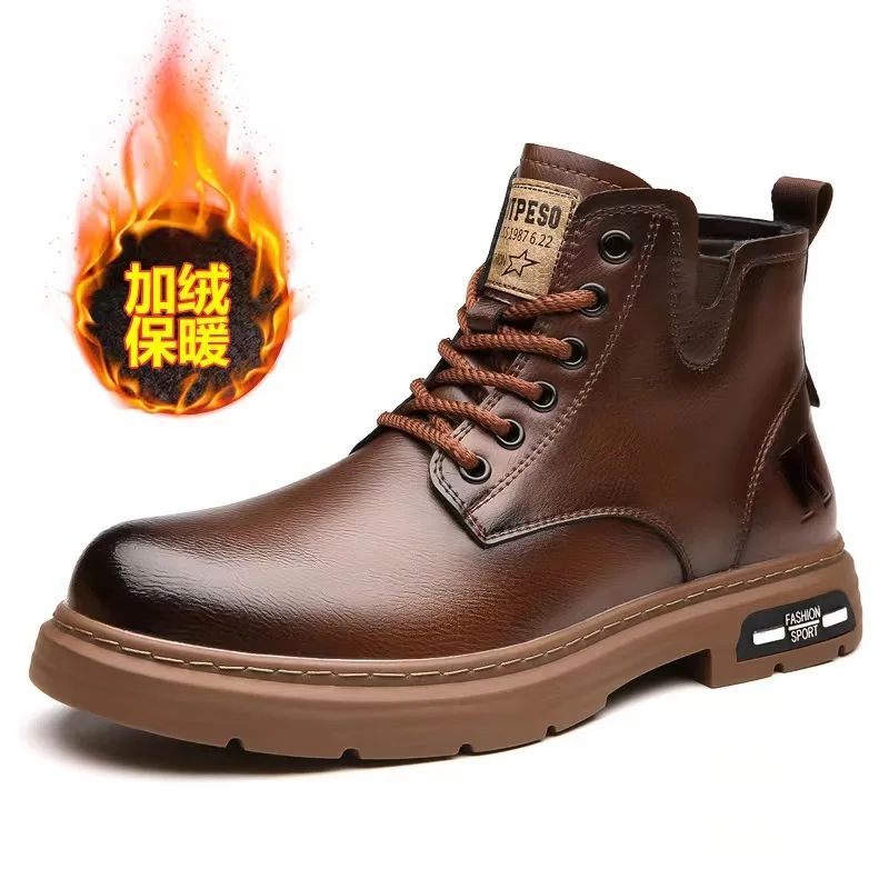 Men's Boots Fashion Motorcycle Boots High-top Casual Leather Boots for Men Plush Warm Winter Boot Non Slip Platform Boot Botas