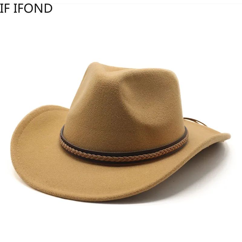 Winter Roll Up Brim Western Cowboy Hat With Leather Retro Gentleman Lady Jazz Cowgirl Cap Church Sombrero Caps