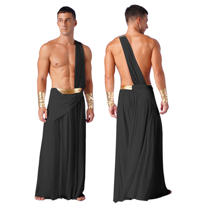 Mens Ancient Greek God Toga Gladiator Costume Roman Emperor One Shoulder Sleeveless Robe Halloween Medieval Warrior Dress Up