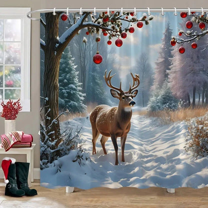 Winter Snow Forest Deer Shower Curtain Christmas Nature Landscape Christmas Gift Polyester Fabric Shower Curtains Bathroom Dec