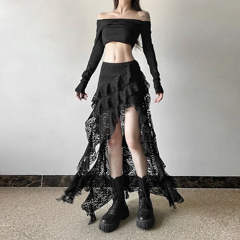 Sexy High Waist Lace Ruffles Skirts Women 2025 Spring Irregular Y2k Skirts Women Fashion Black Patchwork Party Clubwear Gothic