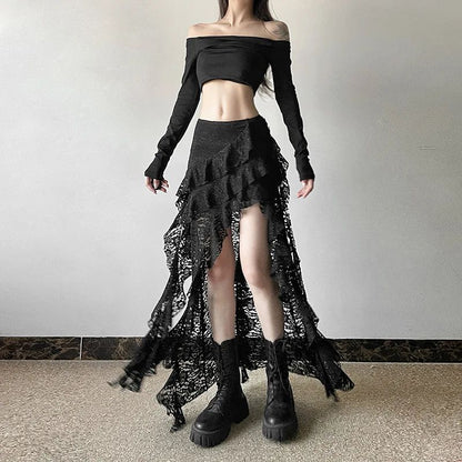 Sexy High Waist Lace Ruffles Skirts Women 2025 Spring Irregular Y2k Skirts Women Fashion Black Patchwork Party Clubwear Gothic