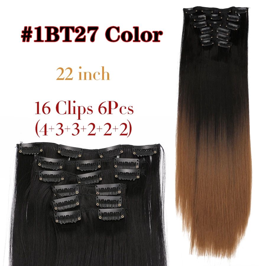 22 Polegadas Sintético Cabelo Liso Longo 16 Clipes 6 Peças/Conjunto Apliques de Cabelo Loiro Preto Resistente ao Calor Para Mulheres