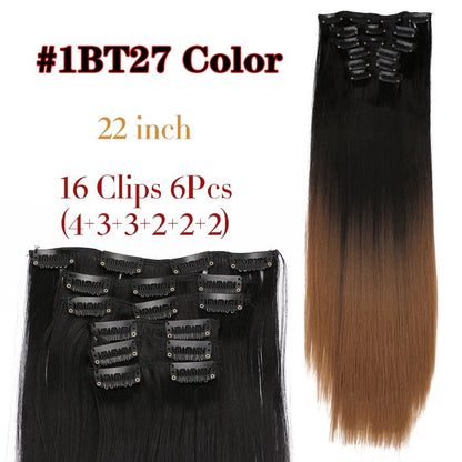 22 Polegadas Sintético Cabelo Liso Longo 16 Clipes 6 Peças/Conjunto Apliques de Cabelo Loiro Preto Resistente ao Calor Para Mulheres