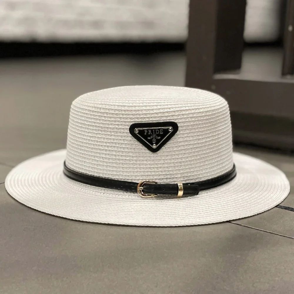 Straw Sun Hat for Children Kids Triangular Metal Logo Woven Beach Hat Spring Summer Fashion Vacation Sun Protection Wide Brim