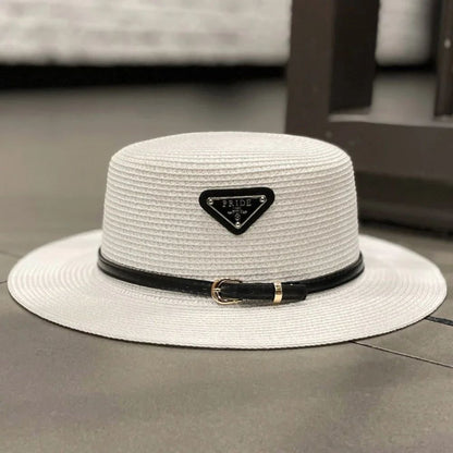 Straw Sun Hat for Children Kids Triangular Metal Logo Woven Beach Hat Spring Summer Fashion Vacation Sun Protection Wide Brim