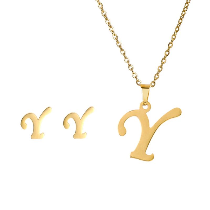 Conjunto Feminino de Colar e Brincos de Aço Inoxidável com Letra Inicial do Alfabeto A-Z - Joias Personalizadas de 26 Letras Inglesas - Presente
