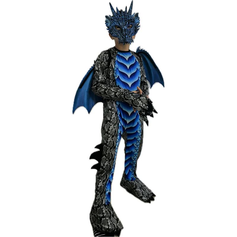 2025 New Arrival Dragon Jumpsuit With Wing And Mask Halloween Outfit Child Boys Black Blue Dragon Costume Halloween Dress Up