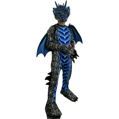 2025 New Arrival Dragon Jumpsuit With Wing And Mask Halloween Outfit Child Boys Black Blue Dragon Costume Halloween Dress Up