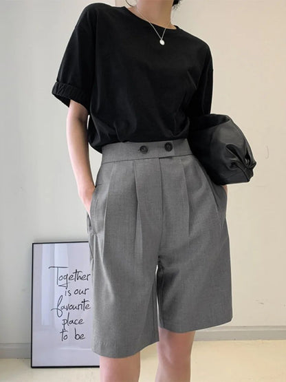 High Waist Wide Leg Suit Shorts for Women Spring Summer Button Straight Short Pants Office Lady Fashion Casual Womens Shorts