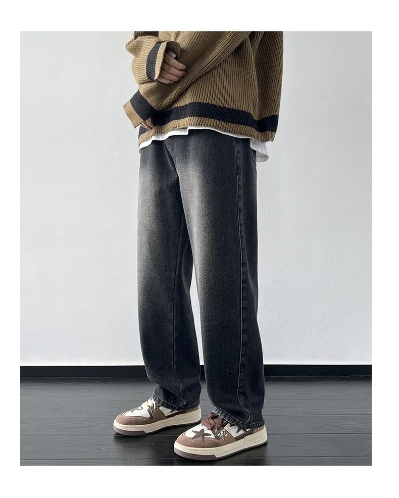 4 Colors Winter Fleece Men's Jeans Baggy Straight Elastic Waist Denim Pants Fashion Korean Thickened Warm Male Thermal Trousers