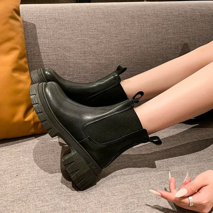 Autumn and Winter New Round Toe Low Heel Women's Boots Chelsea Motorcycle Boots Solid Color Breathable Casual Women's Boots