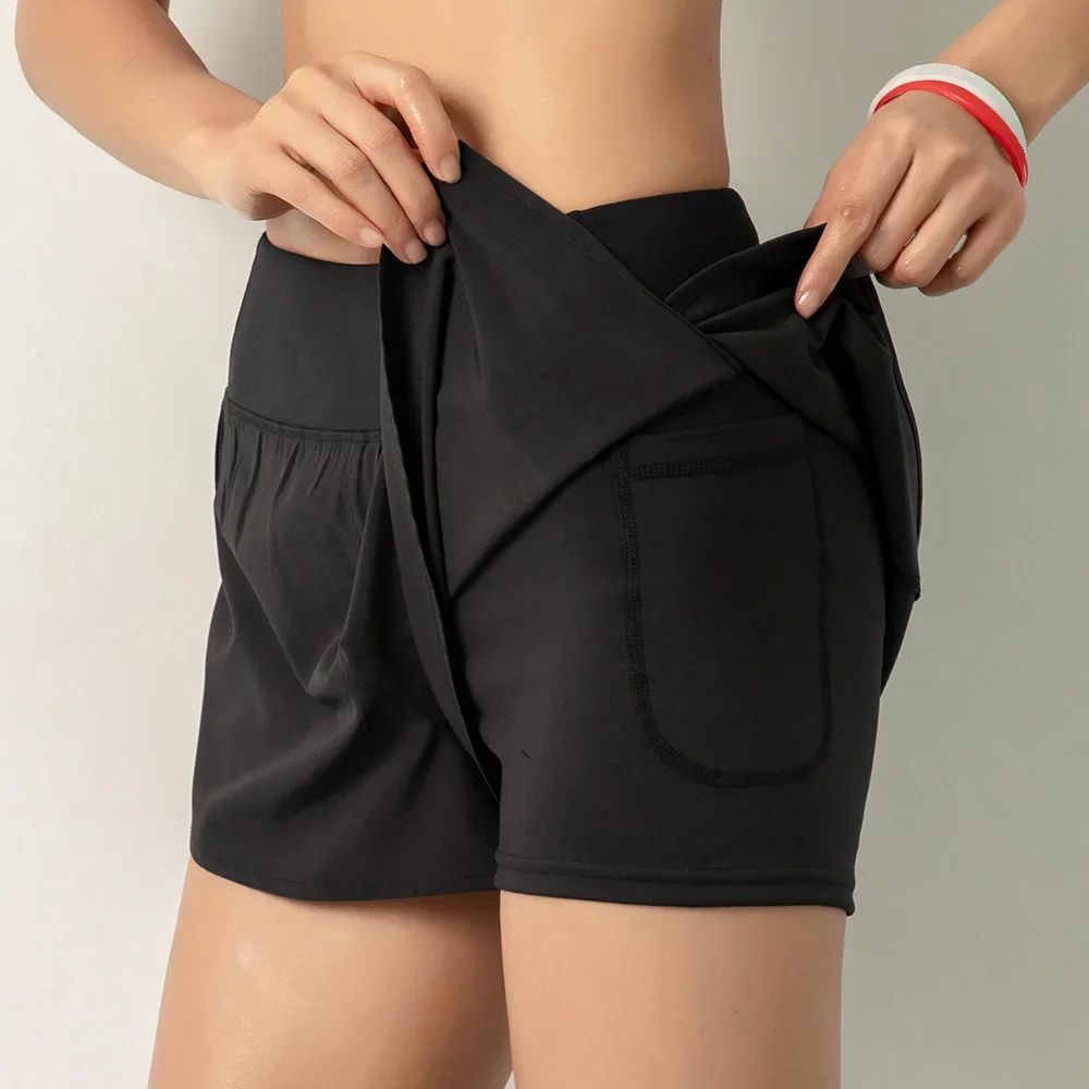 Women Running Shorts 2-in-1 with Pocket Wide Waistband Coverage Layer Liner Lounging Sports Yoga Leggings Gym Fitness Shorts