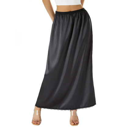 Elastic Waist Inner Lining Midi Skirt Women Solid Color Satin Half Slip Underskirt Long Underskirt for Ladies White/Black/Yellow