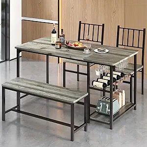Dining Table Set for 4 with Chairs and Bench, 55" Kitchen Table Chairs Set of 4 with Wine Rack, Wine Glasses Holder, Small Dini