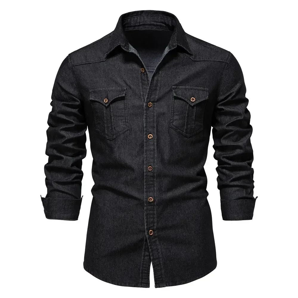 2025 Brand Elastic Cotton Denim Shirt Men Long Sleeve Quality Cowboy Shirts for Men Casual Slim Fit Mens Designer Clothing