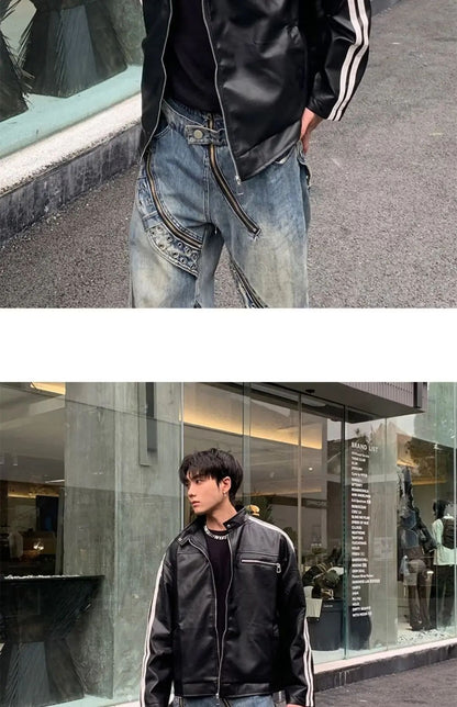 Retro Leather Jacket Men Women  American Patchwork Strip Racing Outerwear Loose Hip Hop Zippers Brown PU Coat Streetwear Spring