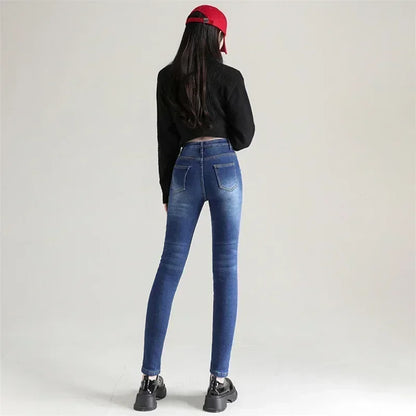 Winter Women Chic Fleece Thermal High Waist Jeans Lady Snow Warm Plush Denim Pants Girls Classic Fashion Straight Leg Trousers