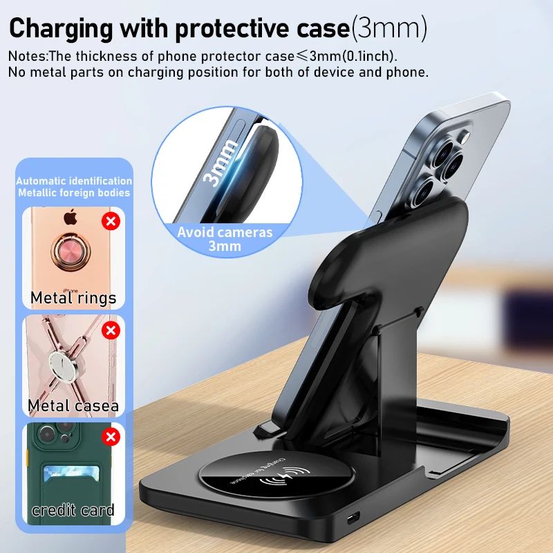 Base Carregadora Sem Fio Rápida 300W Dobrável para iPhone 16 15 14 13 12 Pro Max Apple Watch Airpods